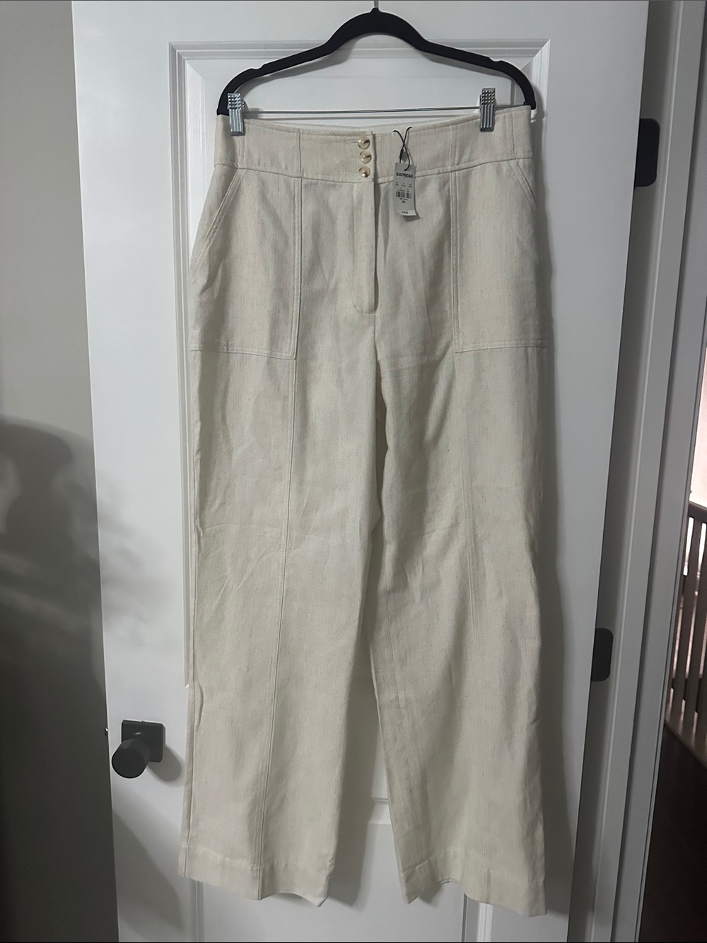 Express Wide-Leg Linen-Blend Pants in Cream